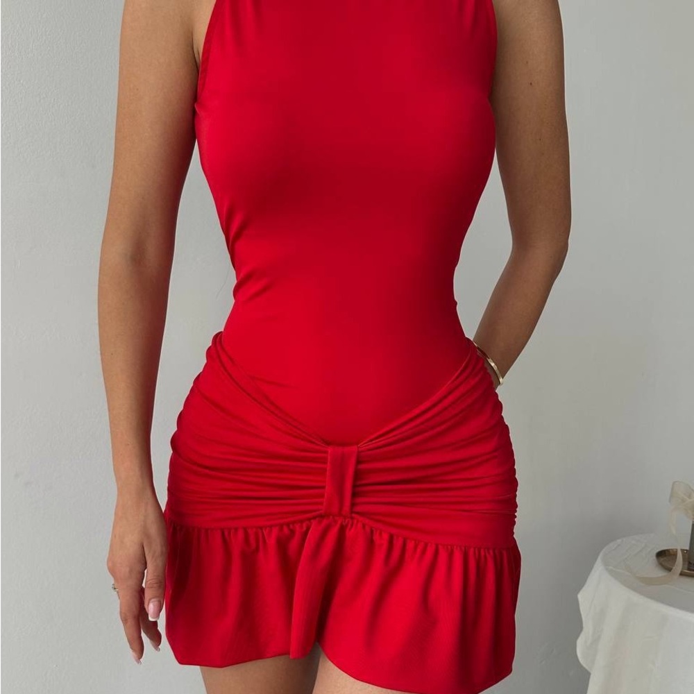 Sleek Red Ruched Mini Dress - Picture 3 of 6